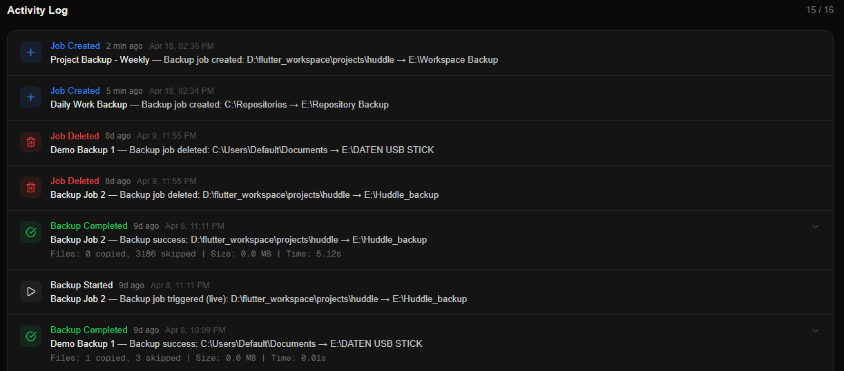 Dillo Backup activity log showing recent backup events