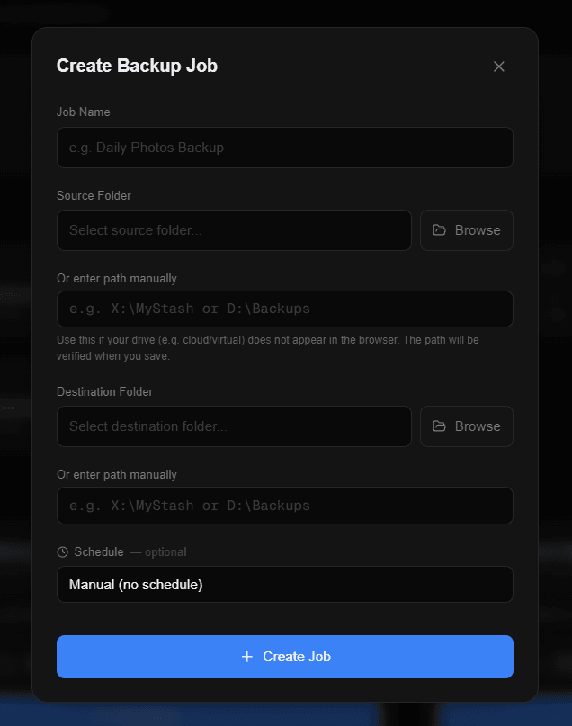 Dillo Backup create backup job dialog with source, destination, and schedule options