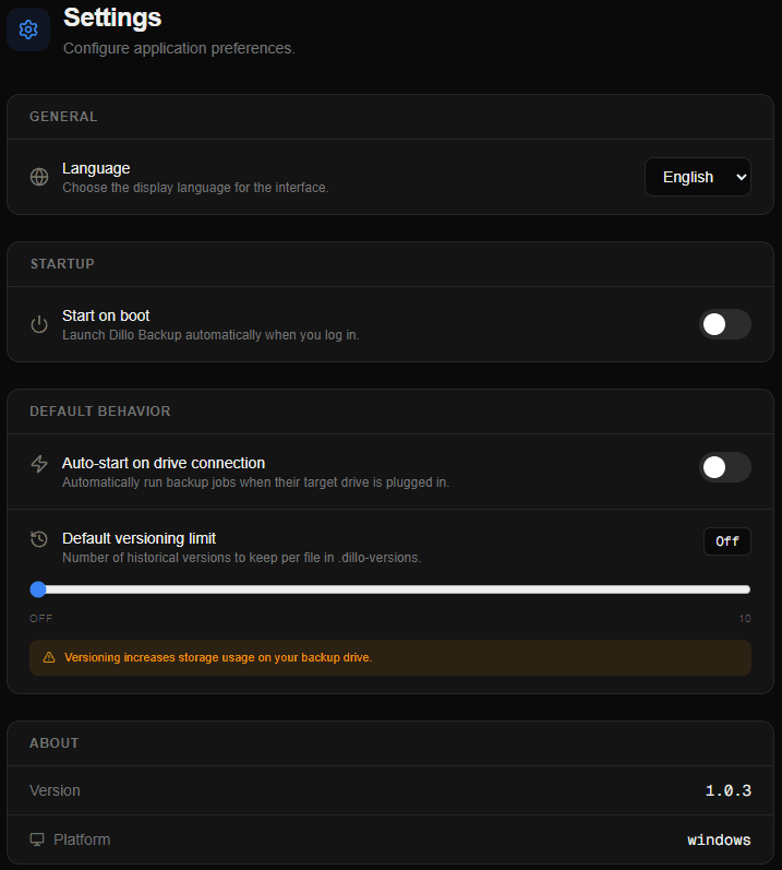 Dillo Backup settings panel with language, start-on-boot toggle, and app version info