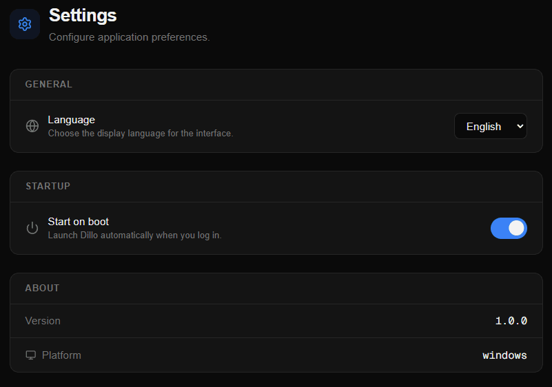 Dillo Backup settings panel with language, start-on-boot toggle, and app version info